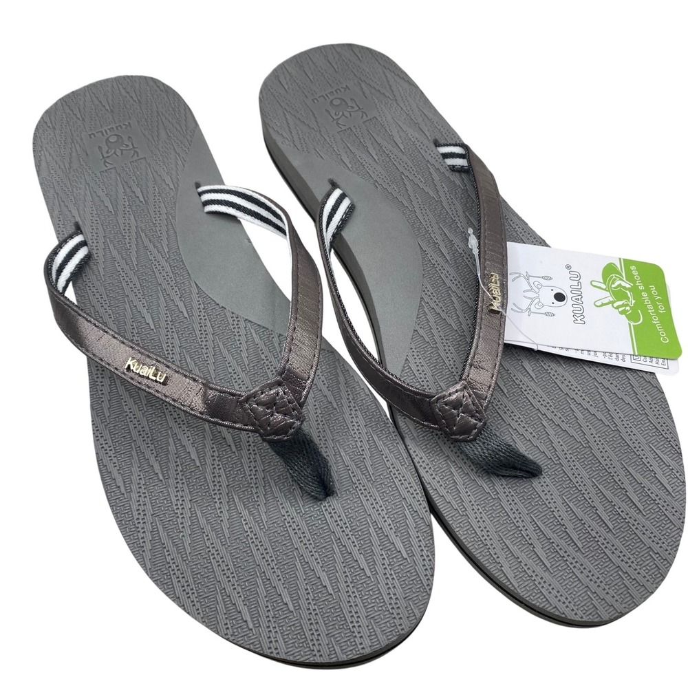 NWT KUAILU Women's Gray Flip Flops Thong Sandals Comfort Shoes US‎ 9